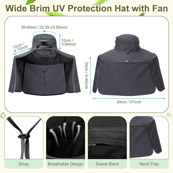 Maiteenly 2 Pcs Solar Fan Hat for Men with Neck Flap Bucket Fan Buit in Hats for Hiking Fishing Outdoor USB and Solar Powered