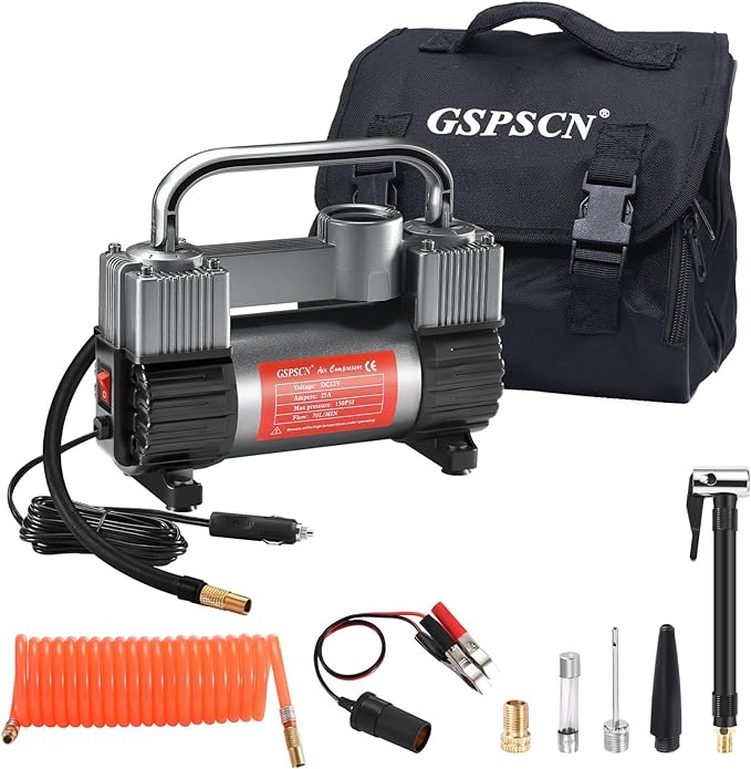 GSPSCN 12V Heavy Duty Tire Inflator Metal Portable Air Compressor Pump | 6X Faster Inflation Double Cylinders 150PSI Air Pump with Adapter for Car, RV,Pickup Truck, SUV, Van,Camper, Air Bed,Ball
