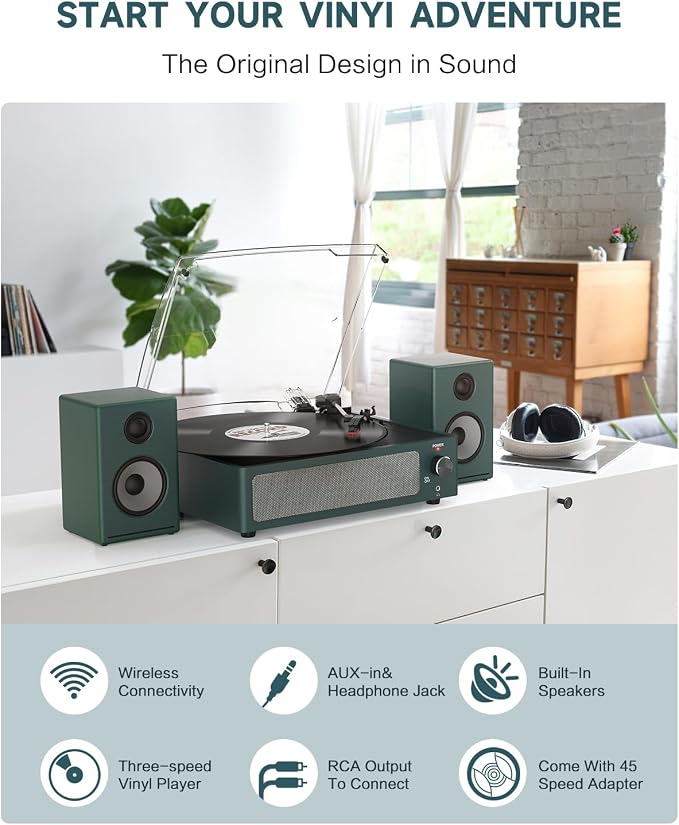 Record Player with Speakers Turntable for Vinyls Records Belt-Driven Turntables LP Vinyl Players Support Auto Stop 3-Speed 3 Size Wireless Playback Headphone AUX RCA Line Out New Sleek Dark Blue