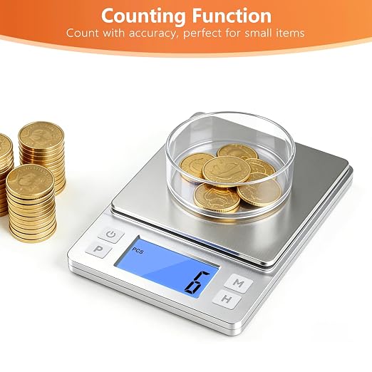 BOMATA 0.01g High Precision Jewelry Scale, 1000g Digital Gram Scale with Hold, Tare & Counting Function, Small & Portable Design for Gold, Bullion, Coins, Gemstones & Crafts, Sliver
