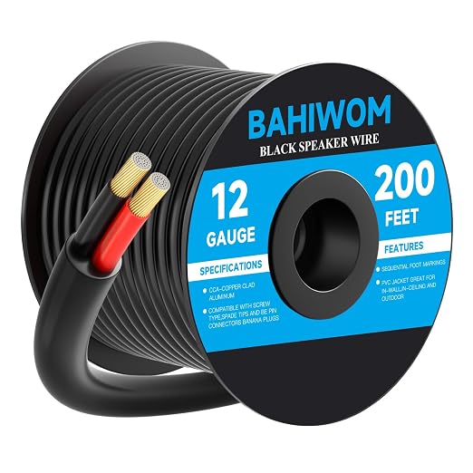 12 Gauge Speaker Wire 200 Feet CL3 Related CCA Black Cable with 2 Conductors for Outdoor Direct Burial Backyard Garden Home Car in-Wall Speaker