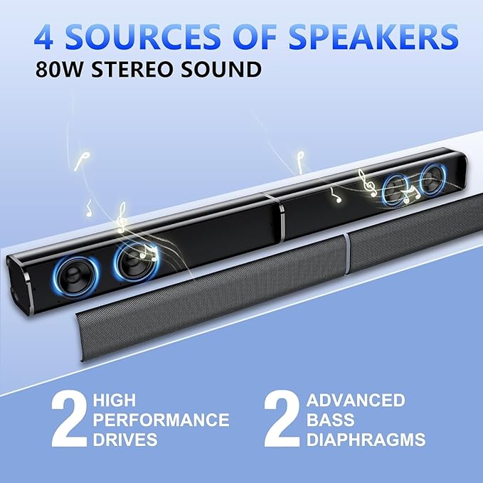 Sound Bar, 80W SoundBar for Smart TV, 2026 Bluetooth 5.3 Soundbar, Home Theater Surround Sound, 2 in 1 Detachable Home Speaker Bass, ARC/Optical/AUX/Connections, for TV/PC/Projectors