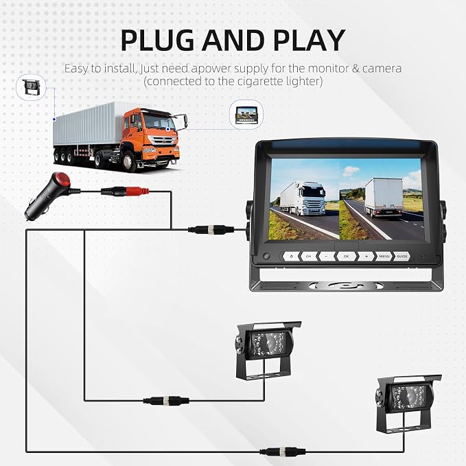 7'' Dual Camera Backup Systems with DVR Recording, IP69 Waterproof Front & Rear View Camera, Loop Recording, Split Screen, 12V-24V