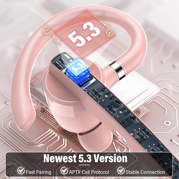 2026 Bluetooth Headset, Wireless Bluetooth 5.3 Earpiece, 90Hrs Single-Ear Headset with APTX HD Audio & Mute Button, Dual Noise Cancelling Mics, Hands Free Headphone for Trucker, Business, Gym, Pink