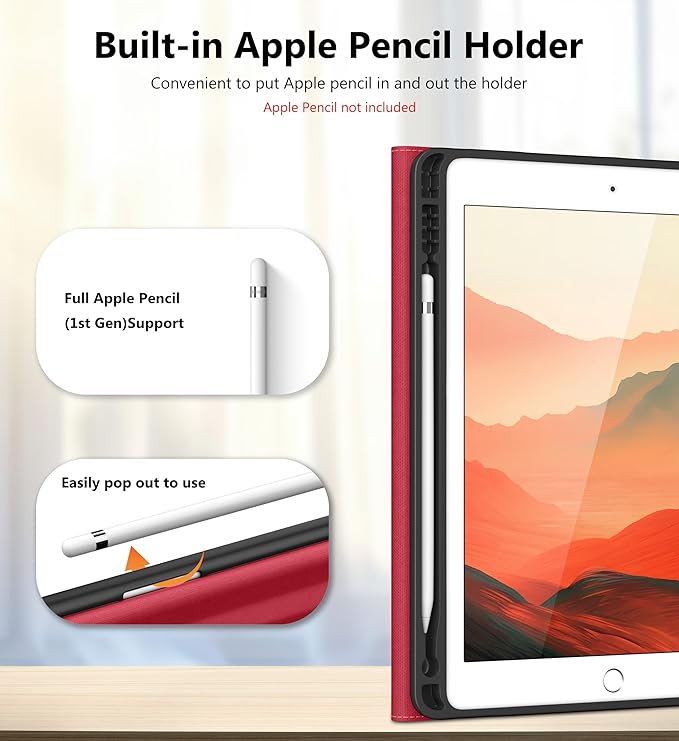 DTTO for iPad 6th / 5th Generation 9.7 Inch (2018/2017), iPad Air 2 / Air 1 Case, 360 Degree Rotating Premium Leather Folio Stand Cover with Pencil Holder, Red