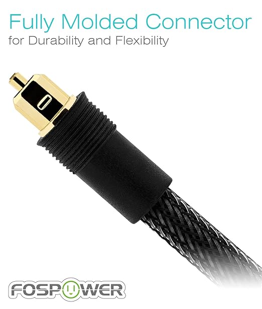 FosPower 24K Gold Plated Toslink Digital Fiber Optical Audio Cable (S/PDIF) - [Zero RFI & EMI Interference] Metal Connectors & Ultra Durable Nylon Braided Jacket (10ft)