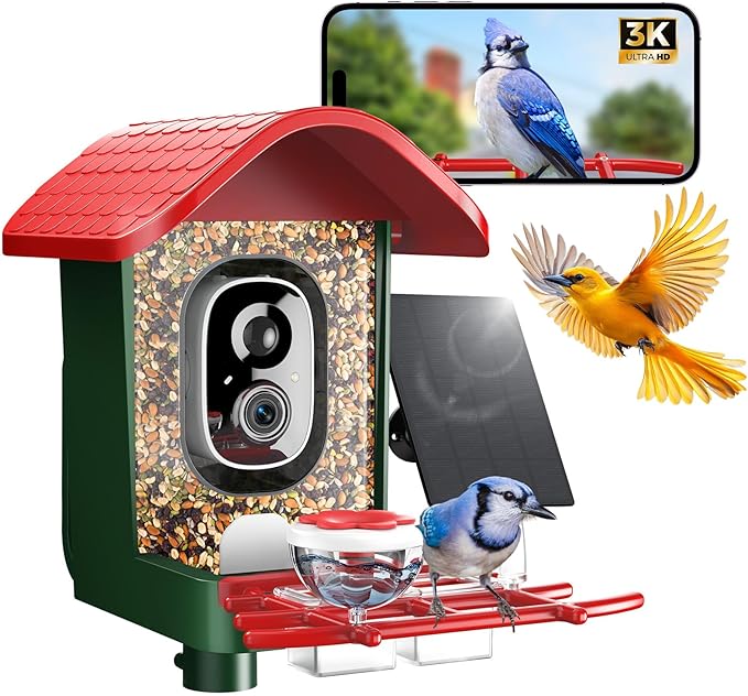 3K HD Smart Bird Feeder with Camera, 2.4GHz WiFi Solar Powered Smart Feeder, AI Bird Species Identification & Real-Time App Alerts, Chew-Proof & Waterproof for Outdoors-1