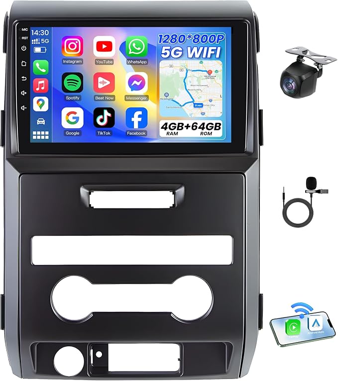 4G RAM 64G ROM Car Radio for Ford F150 2009-2014: Upgrade 9" 1280 * 800 HD Touchscreen Stereo - Wireless Carplay Android Auto GPS 5G WiFi GPS Navigation Bluetooth EQ FM RDS Backup Camera