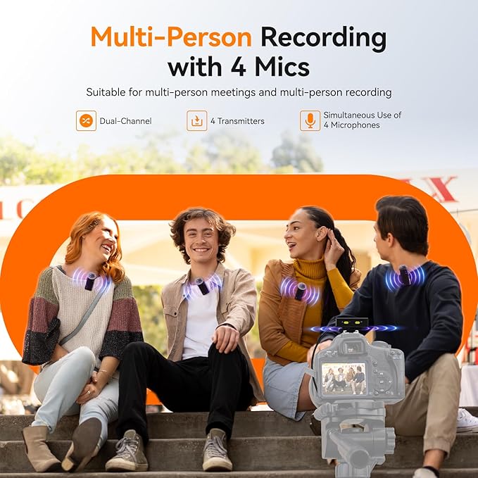 4-Person Wireless Lavalier Microphones Systems for Group Videos & Interviews, Compatible with iPhone, Android, Camera, 656ft Range, Smart Display, 2-Level Noise Reduction, Magnetic Mount,Safety Track