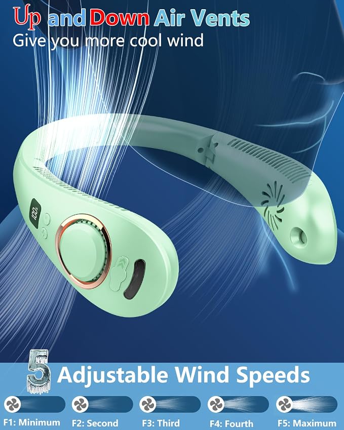 Portable Neck Fan Rechargeable,Foldaway Personal Fan Around Neck with Mister,Hands Free Bladeless Fans 5 Speeds Adjustment,Dual Air Vents,LED Display,Water Spray Misting Fan for Home Office Green