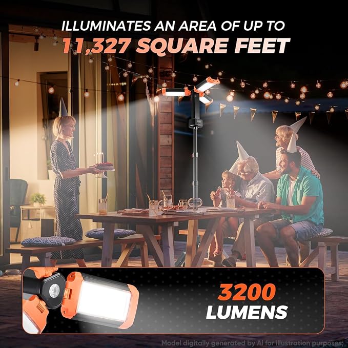 SakerPlus Portable Camping Light with Stand, 20000mAh Outdoor Work Light 800-3200 Lumen, 6.1ft Height with Detachable Tripod, 3300-6500K Dimmable LED, Camping Essentials Gear Emergency Flashlight