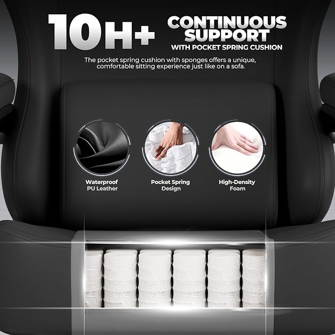 GTPLAYER Gaming Chair with Pocket Spring Cushion, Big and Tall Gamings Chairs 350LBS High Back Computer Chair with Footrest for Adults Lumbar Support Swivel Game Chair for Office, Leather Black