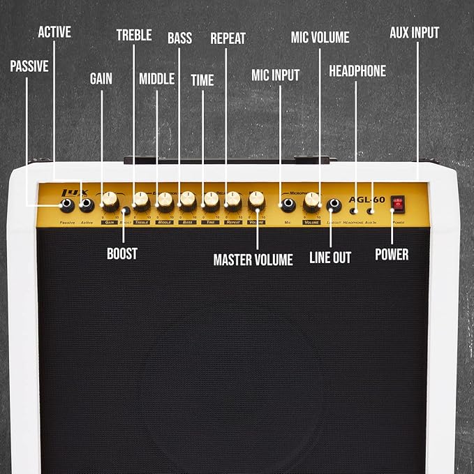 LyxPro 60 Watt Electric Guitar Amplifier | Combo Solid State Studio & Stage Amp with 10” 4-Ohm Speaker, Custom EQ Controls, Drive, Delay, ¼” Passive/Active/Mic Inputs, Aux In & Headphone Jack - White