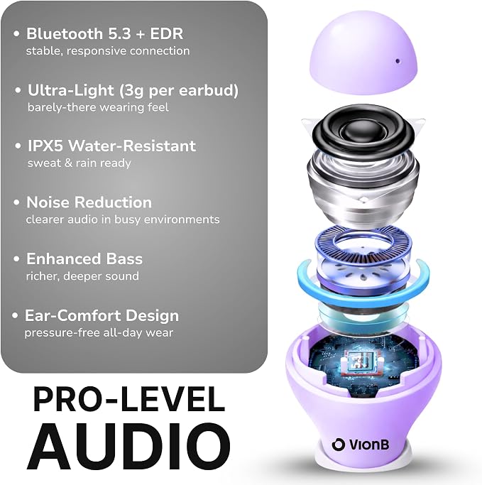 VionB Air Invisible Earbuds Wireless Bluetooth 5.4 for Small Ears, Mini Tiny Ear Buds, IPX5 Waterproof, Sound Isolating Fit, ENC Mic for Clear Calls, Discreet in-Ear Headphones (Amethyst)