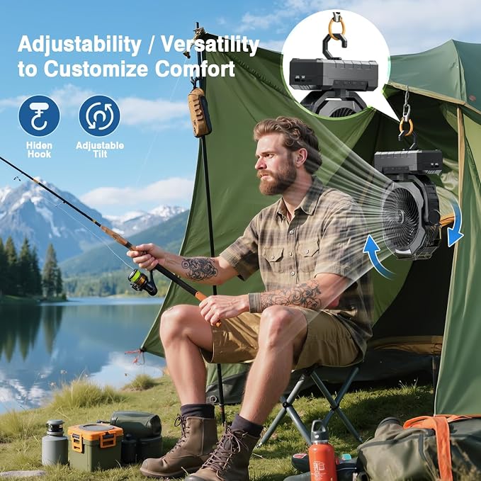 Portable Misting Fan, 36000mAh Rechargeable Battery Powered Camping Fan with 460ml Tank & 6.6ft Mist, 4 Speeds 2 Light Modes for Outdoor Patios Travel Jobsite Beach Summer Essentials - Black