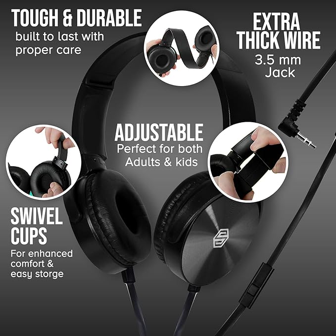 Sonitum Classroom Headphones-Bulk 10-Pack, Student On Ear Comfy Swivel Earphones for Library, School, Airplane, Kids-for Online Learning and Travel, HQ Stereo Sound 3.5mm Jack (Black with Microphone)