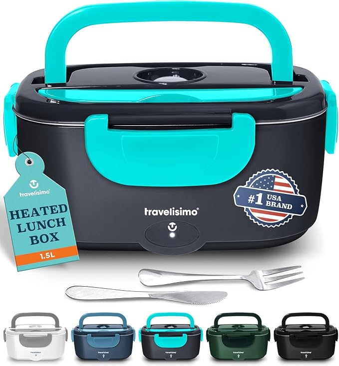 TRAVELISIMO Electric Lunch Box for Adults 100W Heated Lunch Box For Men 1.5L Stainless Steel Portable Food Warmer, 12/24/110V for Travel & Work, Loncheras Electricas Para Calentar Almuerzo