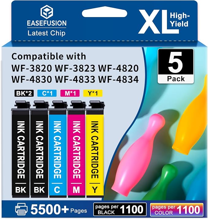 Latest Chip Remanufactured Ink Cartridges Replacement for Epson 822XL 822 XL Ink Cartridges Combo Pack High Capacity Ink Works with WorkForce Pro WF-3820, WF-3823, WF-4820, WF-4830, WF-4833 (5-Pack）