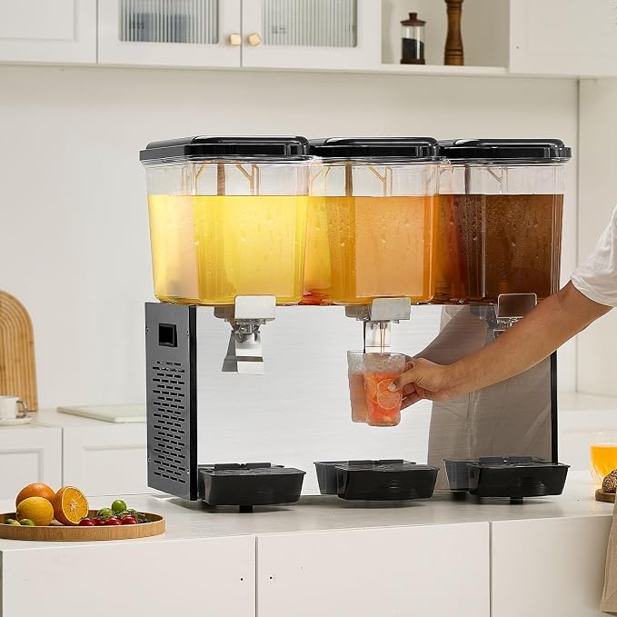 VEVOR Commercial Beverage Dispenser, 3 Tanks Juice Dispenser, 18 L / 19 QT Per Tank, 512W Stainless Steel Ice Tea Drink Machine with 45℉ to 54℉ Cooling Temp, for Cold Drink Restaurant Bar Party