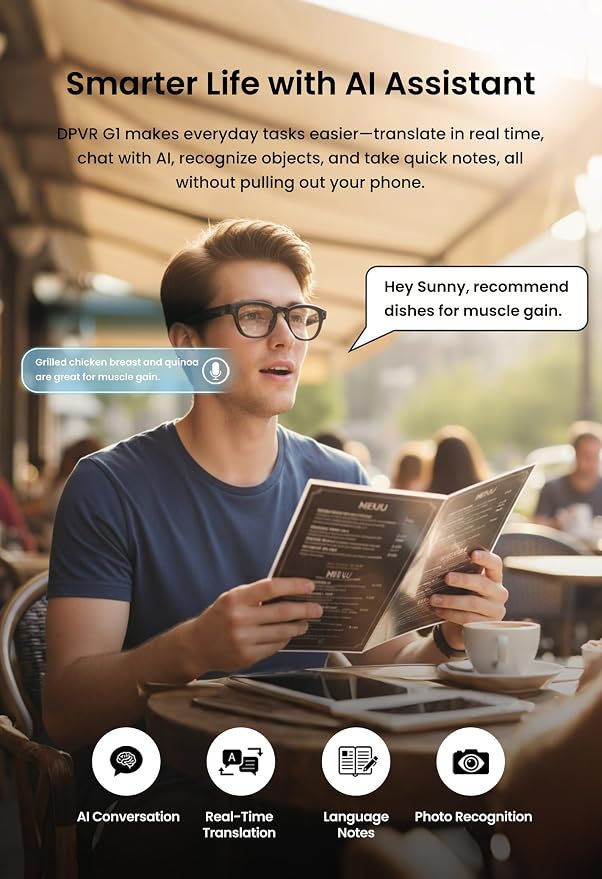 DPVR AI Smart Glasses with Camera and Bluetooth – 8MP HD Camera Glasses for Men & Women, Video Recording Glasses with Voice Assistant, 144-Language Real-Time Translation, for Travel, Work, Music, Vlog