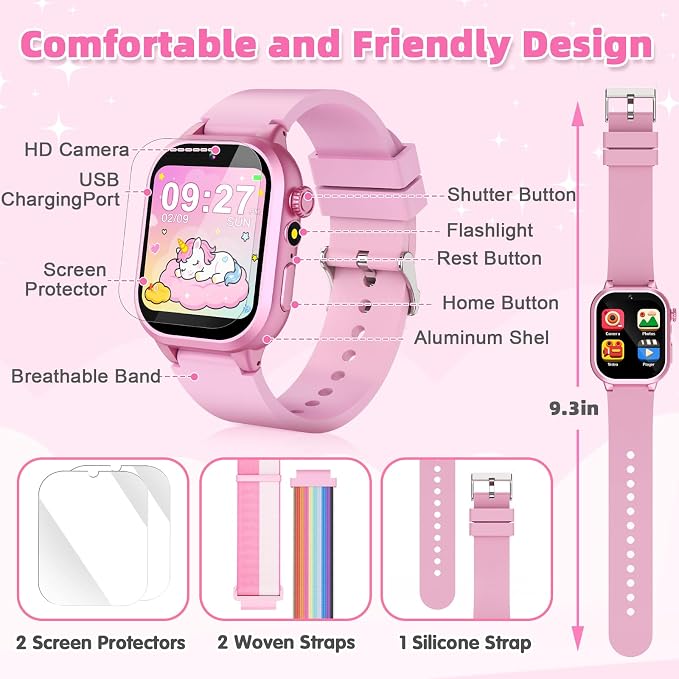 Kids Smart Watch Girls Gift for Girl Aged 5-12, 40 Games HD TouchScreen Kids Watch with Video Camera Music Pedometer Audiostory Learn Card Toys Birthday Gifts for Girls Ages 5 6 7 8 9 10(Pink)
