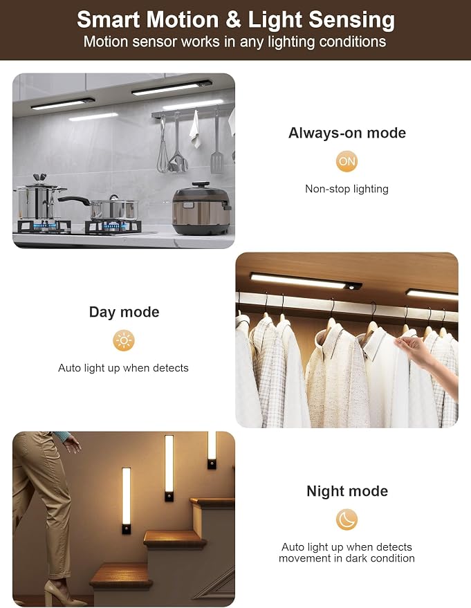 8inch Rechargeable under cabinet lighting ,56 LED -3 Color& 7 Levels Motion Sensor Light Indoor,1800mah Dimmable Magnetic Cabinet Lights, Punch-Free smart Sensor Magnetic Rechargeable led Lights