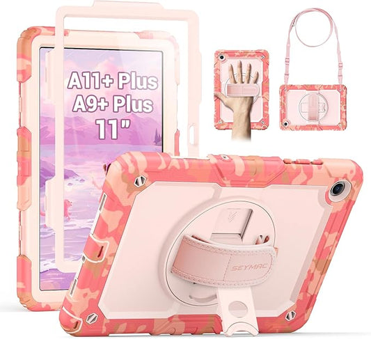 SEYMAC Case for Samsung Galaxy Tab A11+ Plus / A9+ Plus 11" 2026/2024, Heavy Duty Shockproof Protective Case with Screen Protector, Rotating Stand and Hand/Shoulder Strap, Multicolor Pink
