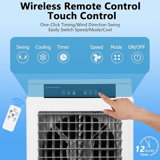 Evaporative Air Cooler, TAKYWEP 3000CFM Swamp Cooler with Remote Control and 12H Timer, 4 Ice Packs, 3 Modes & Wind Speeds for Outdoor Indoor Use, 10.3 Gallon