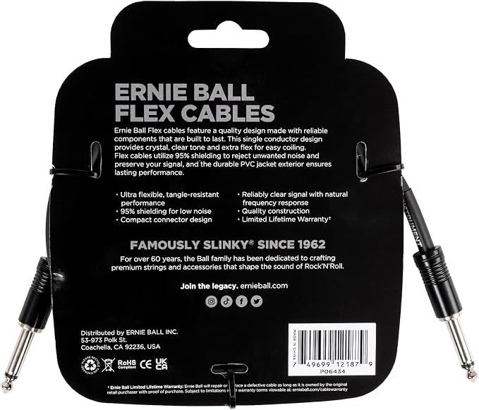 Ernie Ball Flex Instrument Cable Straight/Straight 10ft - Black (P06434)