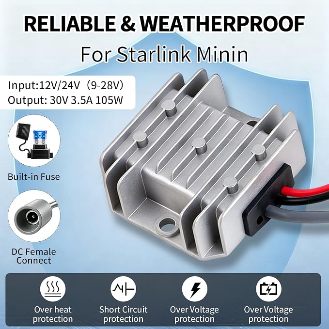 Guhiwk Starlink Mini 12V Adapter, Starlink Mini DC Step Up Converter 9V-28V to 30V 3.5A with Female Power Cord, Starlink-Mini Power Supply for RV, Truck, Marine, Camping&Off-Grid (Silver)