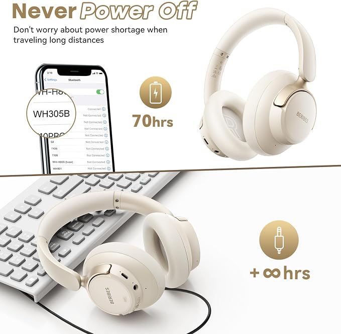 BERIBES Upgraded Hybrid Active Noise Cancelling Headphones with Transparent Modes, 70H Playtime Wireless Bluetooth Headphones with Mic (Beige)