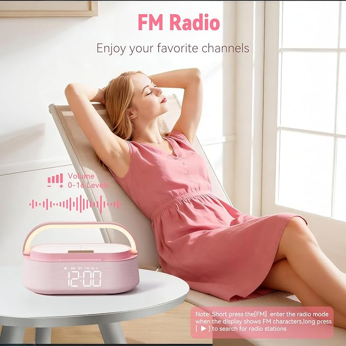 FREEFISH 6 in 1 Bluetooth Speaker with Wireless Charge, FM Radio, Night Light, Snooze, Phone Stand, Bedroom Portable Speaker 2500mAh Battery Dual Speakers for Bedside, Home, Office, Gift (Pink)