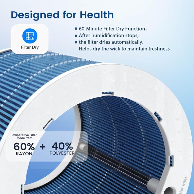 Powerscale MF6 Evaporative Humidifiers for Bedroom, 1.8 Gal Top-Fill, Up to 700mL/h Mist-Free Output, WiFi Smart Touchscreen Control, Auto Filter Dry, Electrolysis Self-Clean, Quiet Sleep Mode