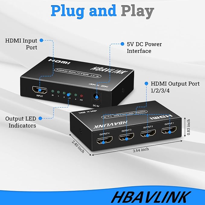 HDMI Splitter 1 in 4 Out 4K 4 Port HDMI Splitter Powered Video Splitter 4 Outputs w/HDMI Cord+ AC Adapter Duplicate/Mirror Screens for Fire Stick/Roku/DirecTV/Cable Box/Security Cameras