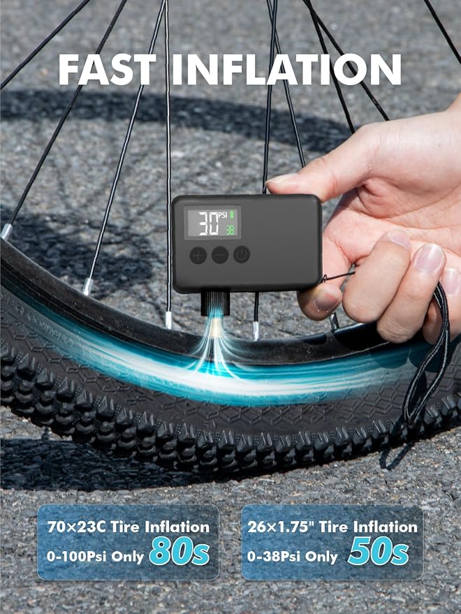 GPUTEK Mini Bike Tire Air Pump: Fast Inflate Portable Small Bicycle Electric Pump for Presta and Schrader Valves, 120 Psi High Pressure Pump with Digital Gauge for Road Bike, Mountain Bike, E-Bike