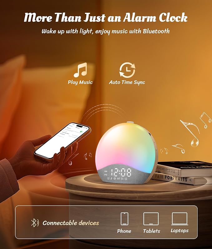 ecozy Sunrise Alarm Clock, White Noise Sound Machine, Alarm Clock for Bedrooms, 26 Soothing Sounds, 17 Night Lights, Bluetooth Speaker, Sunrise Wake-Up Light for Heavy Sleepers, Adults, Kids