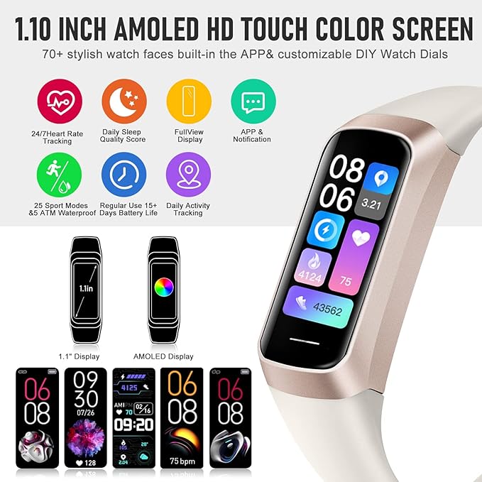 Fitness Tracker with 24/7 Heart Rate, Health Tracker with Calories Sleep Monitor, 1.10''AMOLED Touch Color Screen, Step Counter Activity Pedometer Smart Watch for Women Men
