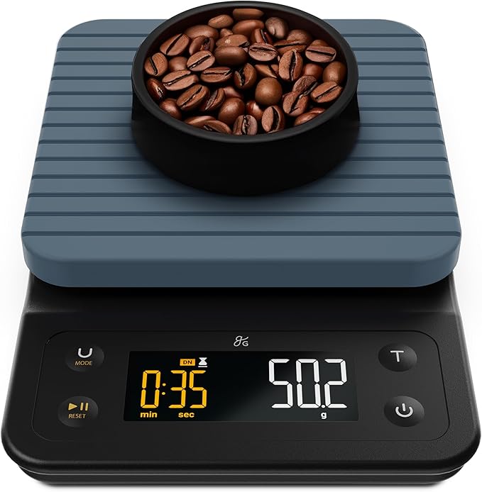 Greater Goods Coffee Scale with Timer, 0.1g Precision Digital Espresso & Pour Over Scale for Chemex, V60, Drip & Matcha Weighing, Waterproof Silicone Cover, 6.6lb Barista Brew Capacity (Stone Blue)