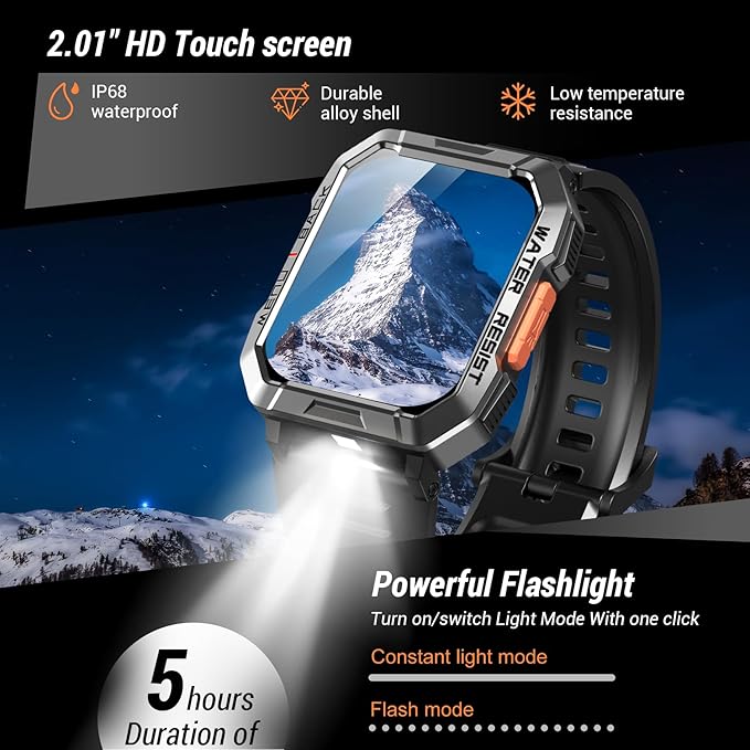 Military Smart Watch for Men (Answer/Make Calls), 2.01'' Smart Watch for Android and iPhone, Fitness Tracker with Flashlight/Compass/100 Days Battery/Heart Rate/Sleep/100+ Sport Modes(2 Straps)