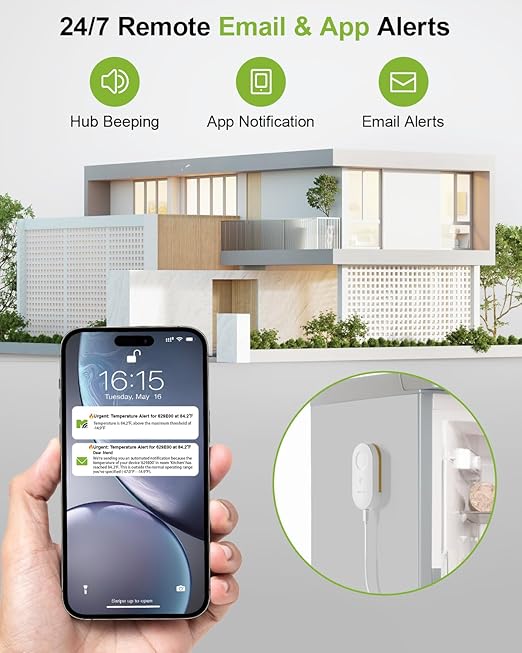 MOCREO WiFi Freezer Thermometer Alarm with Digital Monitor Hub, App and Email Alerts, 2-Year Data Export, No Subscription Fee, 2 Remote Temperature Sensors for Home Refrigerator, Fridge, Freezer