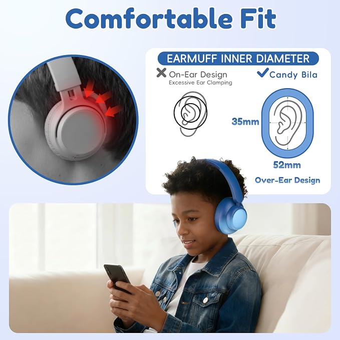 Candy Bila Active Kids Noise Cancelling Headphones, 60H Play Time Kids Bluetooth Headphones, Safe Volume, Bluetooth 6.0, USB C Charging, Headphones for iPad Tablet Airplane,Gradient Blue