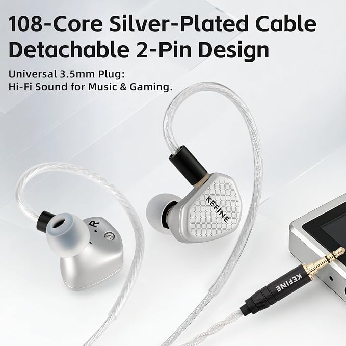 Klean SV Hi-Fi in Ear Monitor, Wired Gaming Earbuds, 10mm DLC Diaphragm Dynamic Driver, Wired Earphones, Interchangeable Tuning Nozzles, HiFi IEM for Audiophile, Musician&Gaming(Silver, 3.5mm)