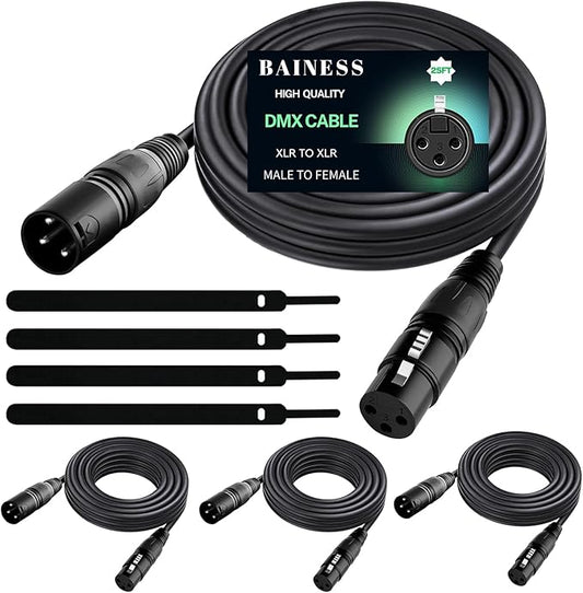 25ft Flexible DMX Cable 3 Pin Signal XLR Male to Female DMX Cables Wire for Stage Lighting, DJ Lights, Moving Head & Par LED Fixtures, Black, 4 Pack