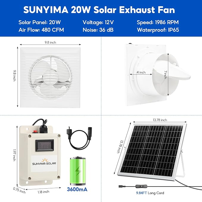 Solar Powered Fan with Battery,20W Solar Panel Weatherproof+ 8'' Solar Exhaust Fan with 9.84Ft On/Off Cable for Greenhouse Circulation, Chicken Coop, Shed, Pet Houses, Ventilation