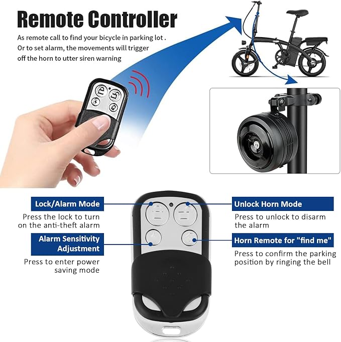 Bike Bell Alarm Horn with Remote, USB Rechargeable, Waterproof, Anti-Theft Vibration Alarm for Bikes, Scooters