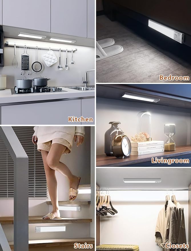 Under Cabinet Motion Sensor Lighting: 8 Inch Dimmable Rechargeable Lights Indoor - Battery Operated Lights - Undercabinet Closet Light Magnetic Led Light for Kitchen Home Bathroom Counter 6 Pack