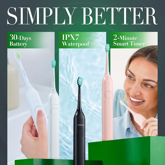 Brushmo Super Sonic Electric Toothbrush with 4 Replacement Heads - Rechargeable Electronic Tooth Brush for Adults with 5 Customizable Modes - IPX7 Waterproof & Long-Lasting Battery - White