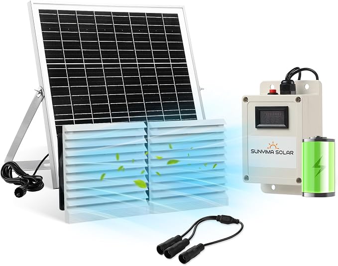 Solar Fan with Battery,20W Solar Panel Powered Fan Kit with Waterproof Dual Exhaust Fans and 9.84ft Switch Cable for Chicken Coops, Sheds, Pet Houses, Greenhouse Air Circulation, Ventilation