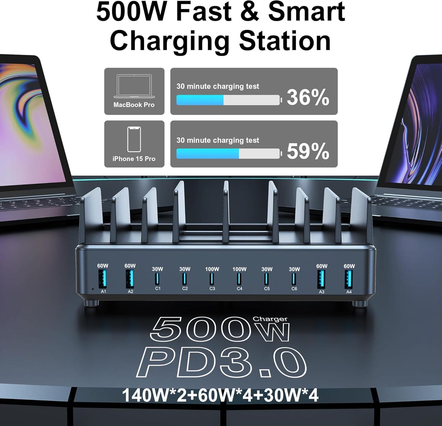 chipofy 500W Charging Station for Multiple Devices, 10-Port Multi USB C Fast Charger Station with Organizer Stand for MacBook Laptop, iPad, iPhone 16 15 Pro Max, Galaxy S25/S24 and More