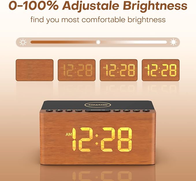 ANJANK Wooden Bluetooth Speaker, Alarm Clock with FM Radio, Qi Certified Fast Wireless Charging Station for iPhone/Samsung, USB Charger Port, Dimmable Display, Digital Wood Clock for Bedroom, Bedside